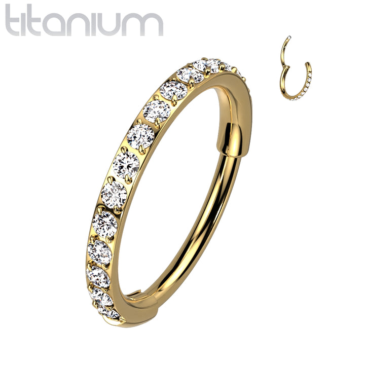 Implant Grade Titanium Gold PVD Pave White CZ Nose Hoop Hinged Clicker Ring - Pierced Universe