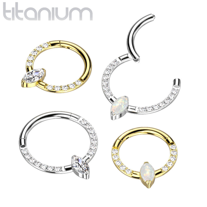 Implant Grade Titanium Pave White CZ Marquise Gem Hinged Clicker Hoop - Pierced Universe