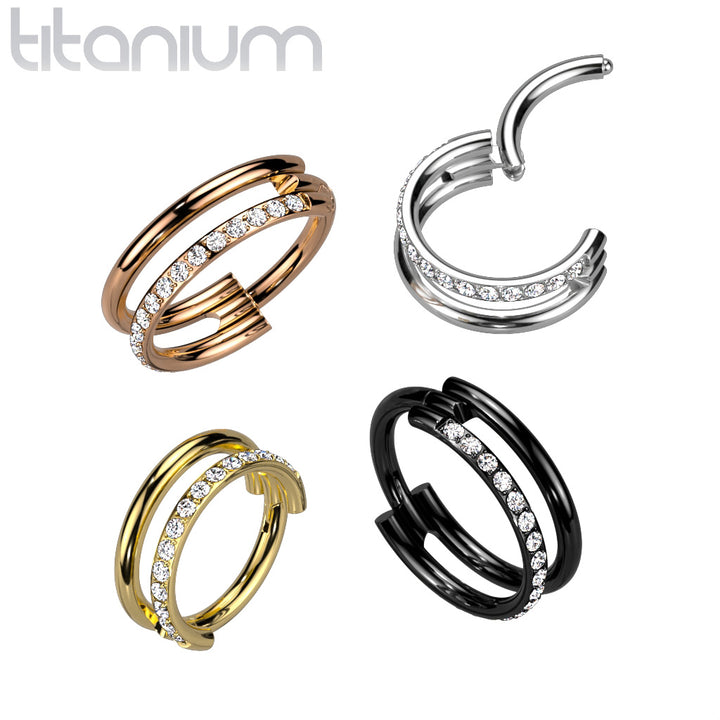 Implant Grade Titanium Double Hoop White CZ Pave Hinged Clicker - Pierced Universe