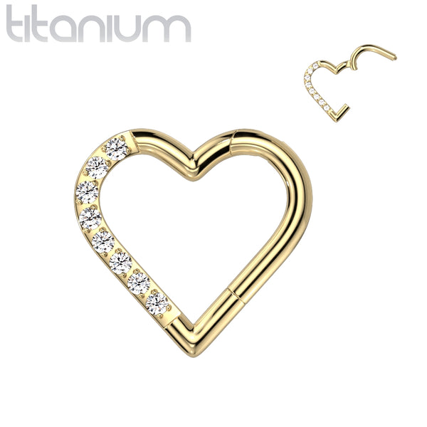 Implant Grade Titanium Gold PVD White CZ Heart Hinged Daith Clicker Hoop - Pierced Universe