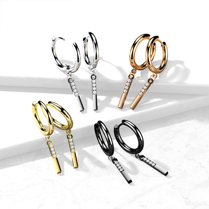 Pair Of 316L Surgical Steel White CZ Simple Line Dangle Hoop Earrings - Pierced Universe