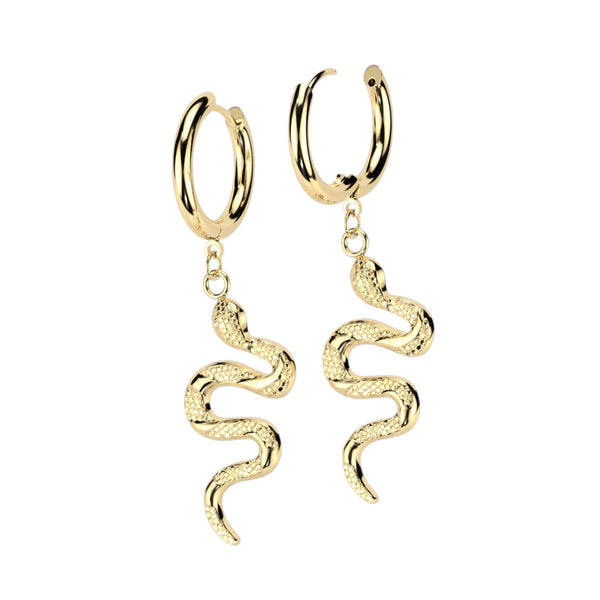 Pair of 316L Surgical Steel Gold PVD Slithering Snake Dangle Hoop Earrings - Pierced Universe