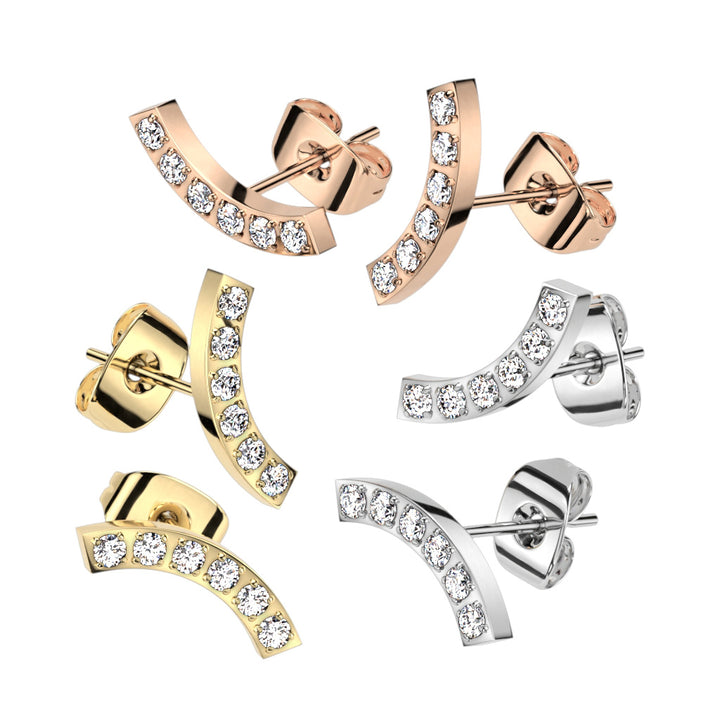 Pair of 316L Surgical Steel Curved White CZ Gem Earring Studs - Pierced Universe
