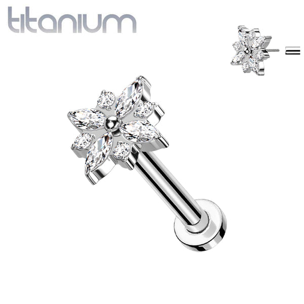 Implant Grade Titanium Large White CZ Gem Flower Threadless Push In Labret - Pierced Universe