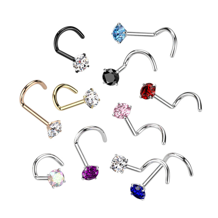 Implant Grade Titanium Rose Gold PVD Corkscrew Nose Ring Stud White CZ Gem - Pierced Universe