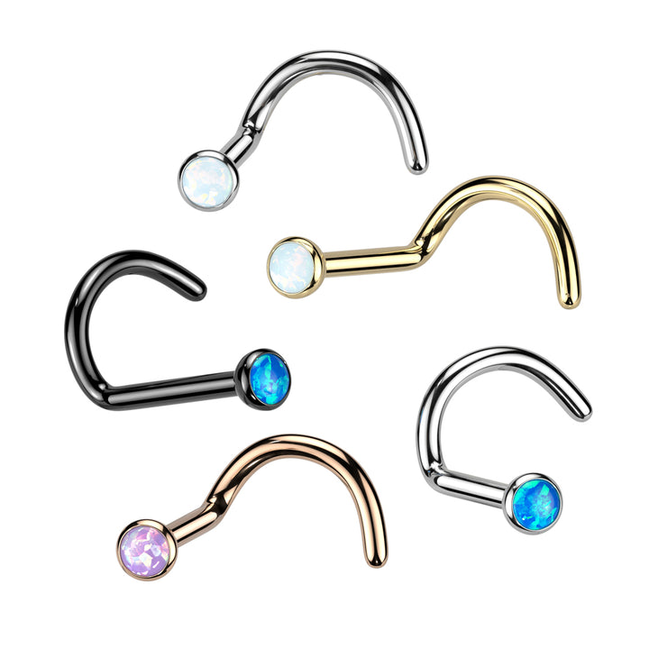 Implant Grade Titanium Corkscrew Nose Ring Stud with White Opal Gem - Pierced Universe