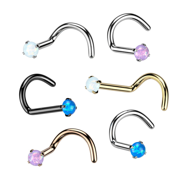 Implant Grade Titanium Gold PVD Corkscrew White Opal Nose Ring Stud - Pierced Universe