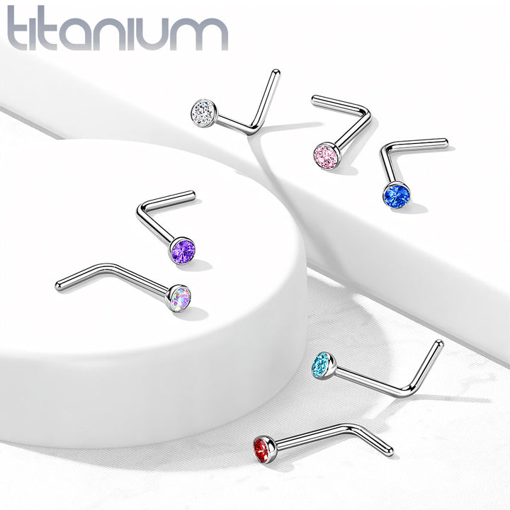 Implant Grade Titanium L-Shape Purple CZ Nose Ring Stud - Pierced Universe