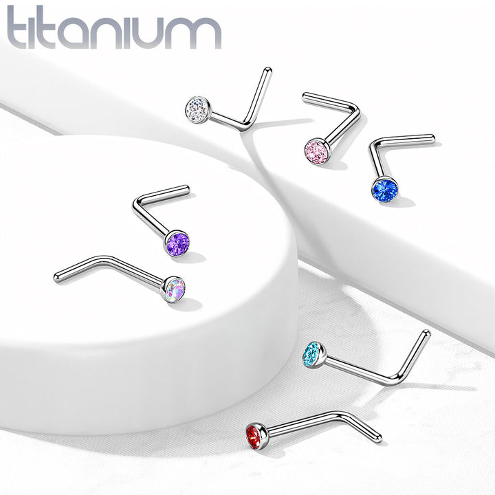 Implant Grade Titanium L-Shape Blue CZ Nose Ring Stud - Pierced Universe