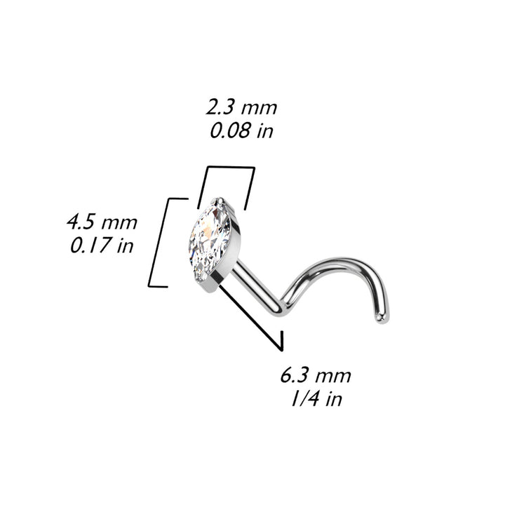 Implant Grade Titanium White Marquise CZ Gem Corkscrew Nose Ring Stud - Pierced Universe