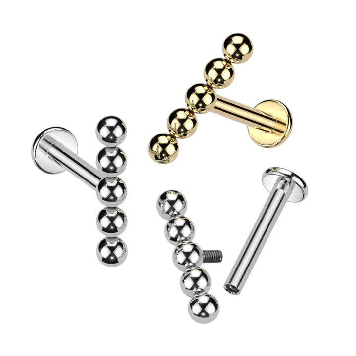Implant Grade Titanium Gold PVD 5 Bead Internally Threaded Flat Back Labret - Pierced Universe