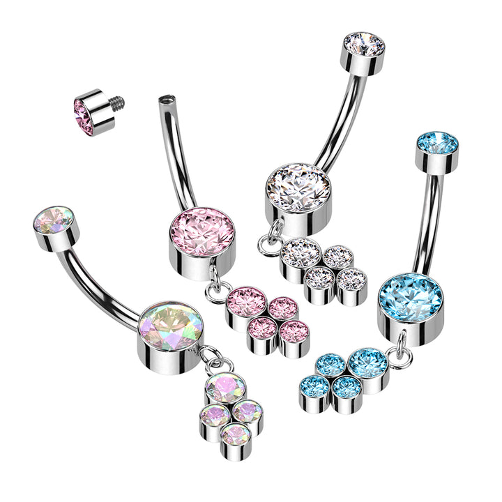 Implant Grade Titanium Pink CZ Bezel Dainty Circle Cluster Dangle Belly Ring - Pierced Universe