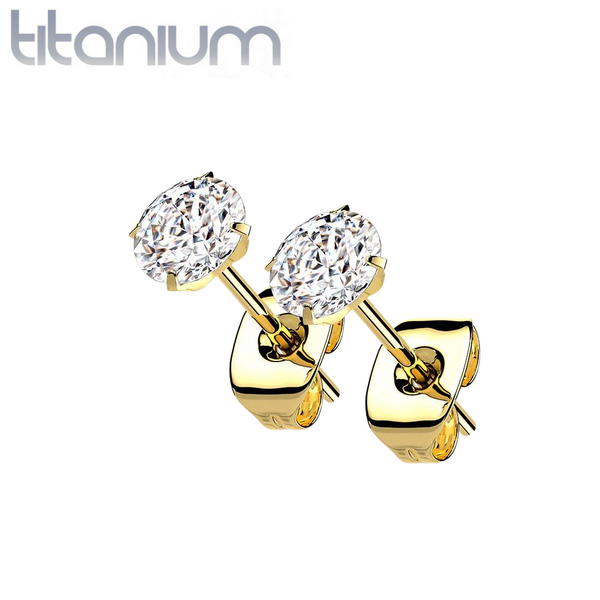 Pair Of Implant Grade Titanium Gold PVD White CZ Stud Earrings - Pierced Universe