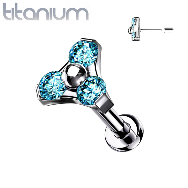 Implant Grade Titanium Threadless Push In Tragus/Cartilage Aqua CZ Trillium With Flat Back - Pierced Universe