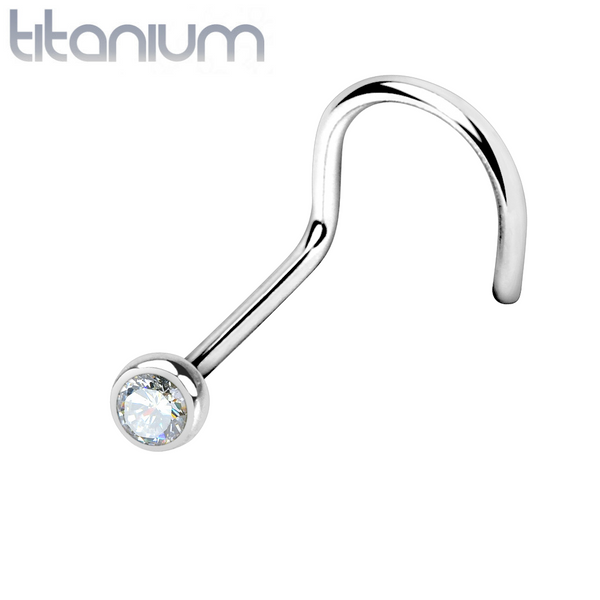 Implant Grade Titanium Corkscrew Nose Ring Stud with Bezel White CZ Gem - Pierced Universe