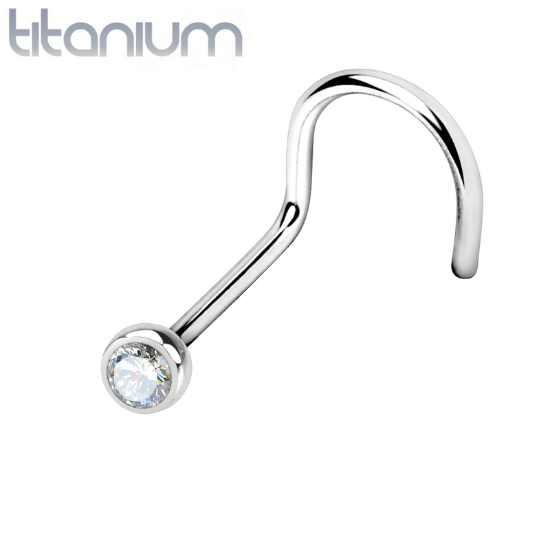 Implant Grade Titanium Corkscrew Nose Ring Stud with Bezel White CZ Gem