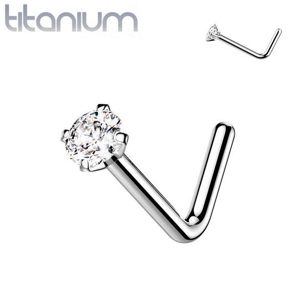 Implant Grade Titanium White CZ Prong L Shape Nose Stud - Pierced Universe