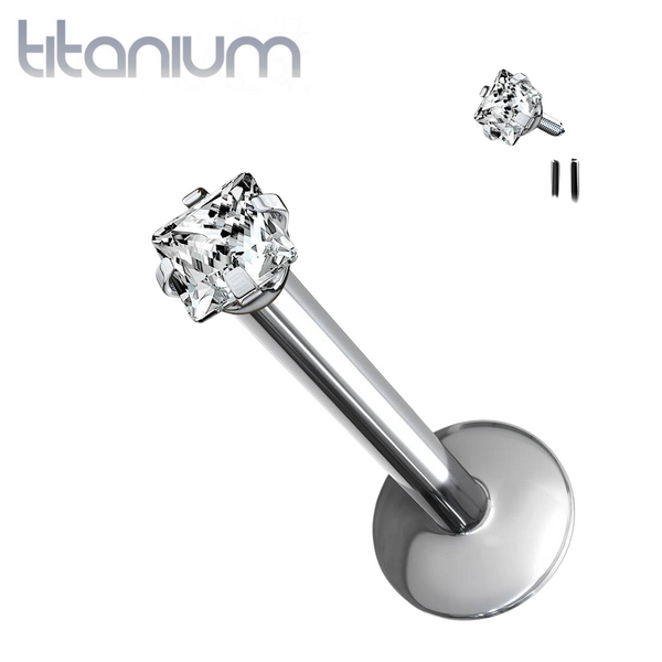 Implant Grade Titanium Internally Threaded Prong Square CZ Labret - Pierced Universe