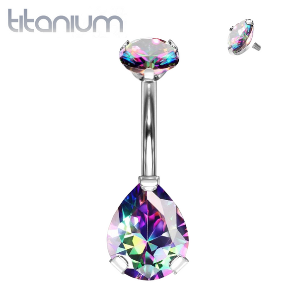 Implant Grade Titanium Internally Threaded Pear Tear Drop Vitrail Medium CZ Belly Ring - Pierced Universe