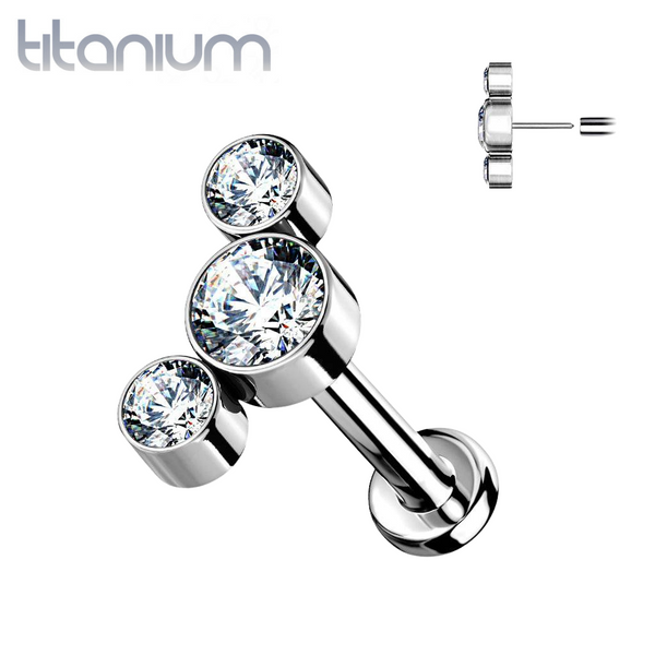 Implant Grade Titanium Threadless Push In Tragus/Cartilage 3 Gem Curved White CZ Gems With Flat Back - Pierced Universe