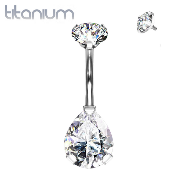 Implant Grade Titanium Internally Threaded Pear Tear Drop White CZ Belly Ring - Pierced Universe