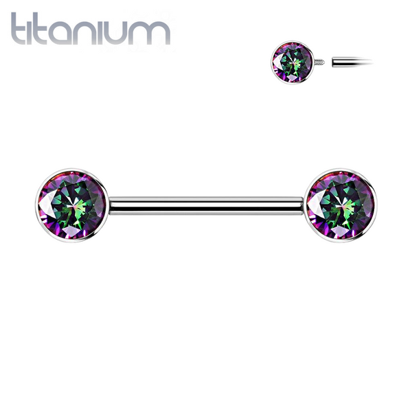 Implant Grade Titanium Nipple Barbell With Internally Threaded Vitrail CZ Gems - Pierced Universe