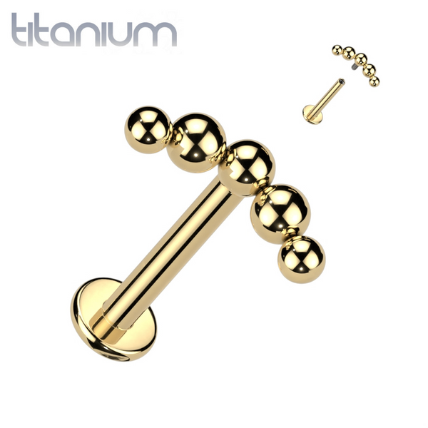 Implant Grade Titanium Gold PVD Curved 5 Bead Internally Threaded Flat Back Labret - Pierced Universe