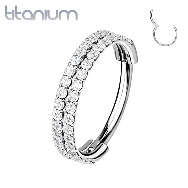 Implant Grade Titanium Double Row White CZ Pave Hinged Clicker Hoop - Pierced Universe