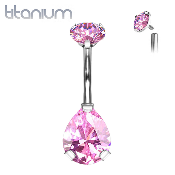 Implant Grade Titanium Internally Threaded Pear Tear Drop Pink CZ Belly Ring - Pierced Universe