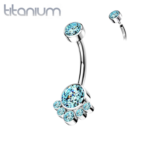 Implant Grade Titanium Internally Threaded Aqua CZ Bezel Cluster Belly Ring - Pierced Universe