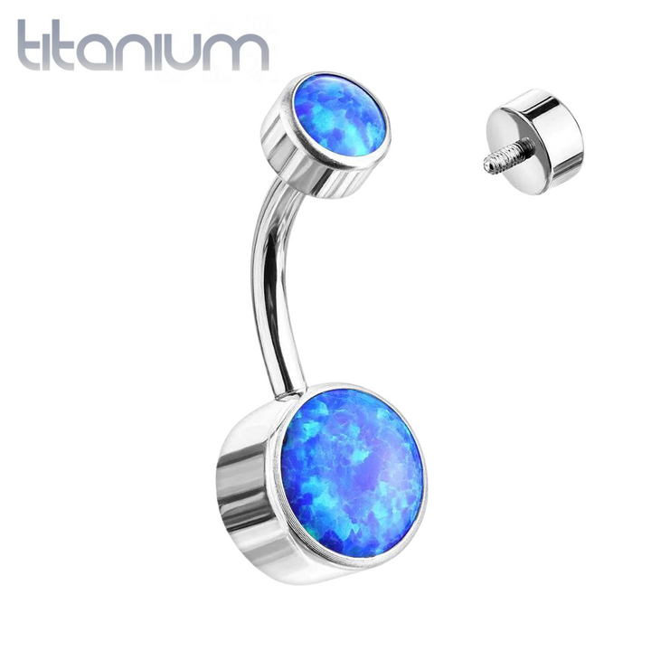 Internally Threaded Grade 23 Titanium Bezel Blue Opal Belly Ring - Pierced Universe