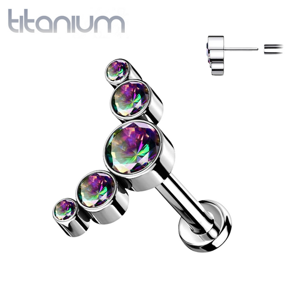 Implant Grade Titanium Threadless Push In Cartilage 5 Gem Curved Vitrail Medium CZ Gems With Flat Back - Pierced Universe