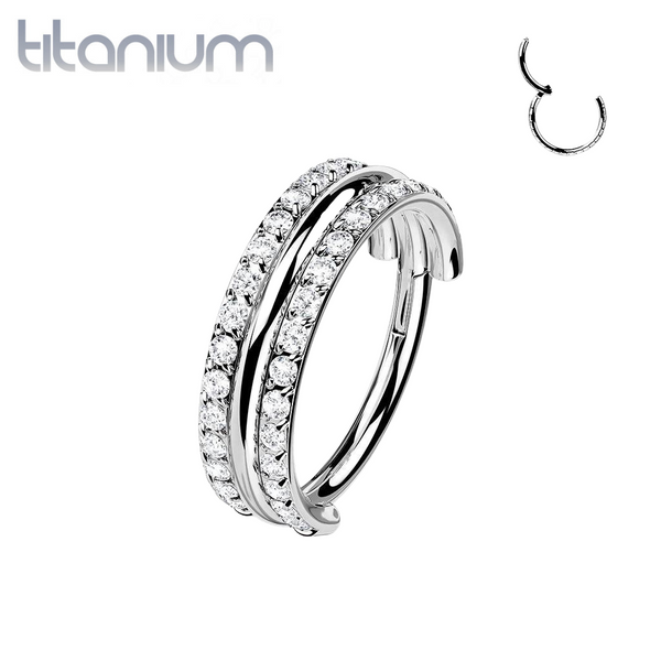 Implant Grade Titanium White CZ Double Line Plain Center Hinged Clicker Hoop - Pierced Universe