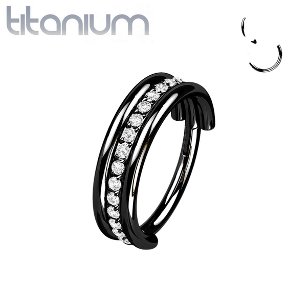 Implant Grade Titanium Black PVD White CZ Pave Center Hinged Clicker Hoop - Pierced Universe