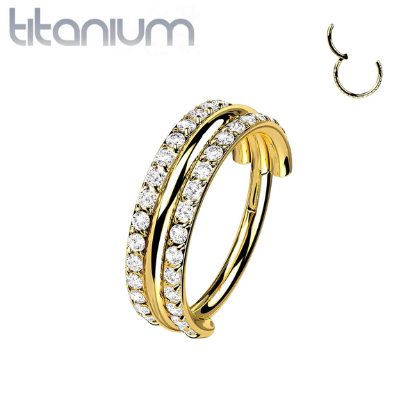 Implant Grade Titanium Gold PVD White CZ Double Line Plain Center Hinged Clicker Hoop - Pierced Universe