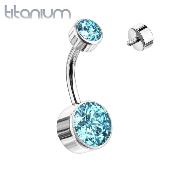 Internally Threaded Grade Titanium Bezel Aqua Gem Belly Ring - Pierced Universe