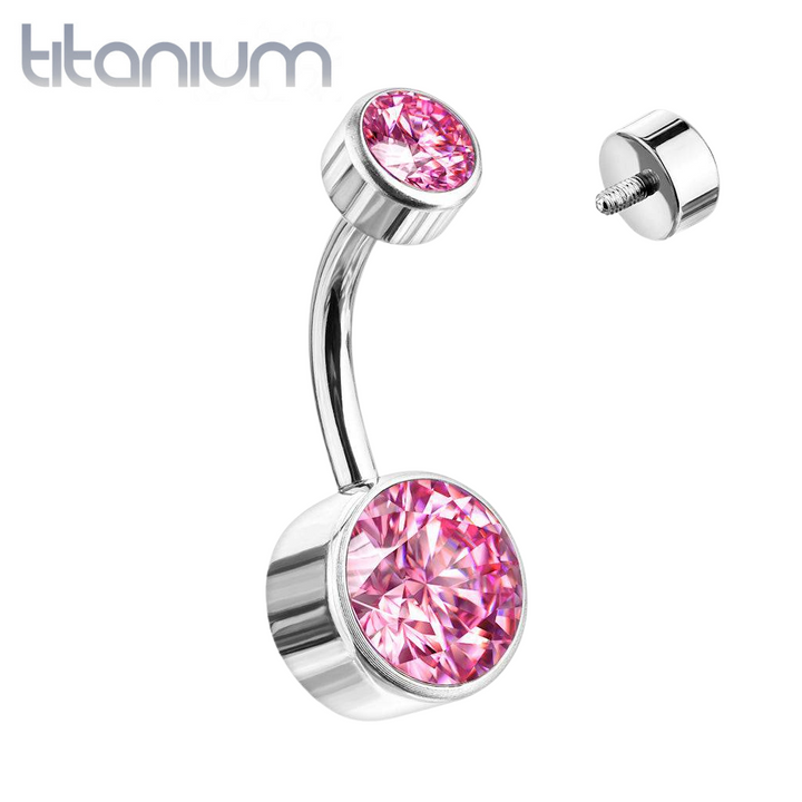 Internally Threaded Grade Titanium Bezel Pink Gem Belly Ring - Pierced Universe