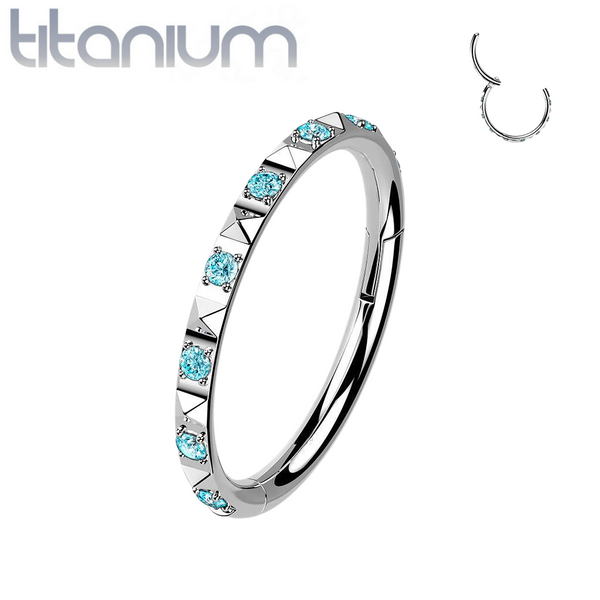 Implant Grade Titanium Ridged With Aqua CZ Gems Hinged Hoop Clicker Ring - Pierced Universe