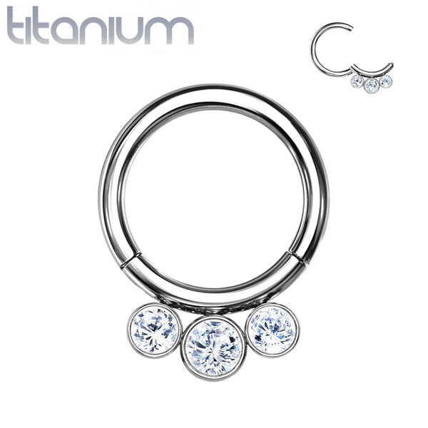 Implant Grade Titanium White CZ Bezel Septum Cartilage Daith Hinged Clicker - Pierced Universe