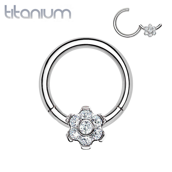 Implant Grade Titanium White CZ Gem Flower Hinged Clicker Hoop - Pierced Universe