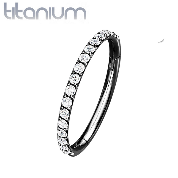 Implant Grade Titanium Black PVD Easy Hinged White CZ Pave Clicker Hoop - Pierced Universe