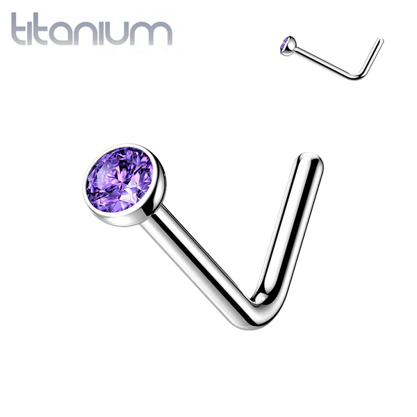 Implant Grade Titanium L-Shape Purple CZ Nose Ring Stud - Pierced Universe