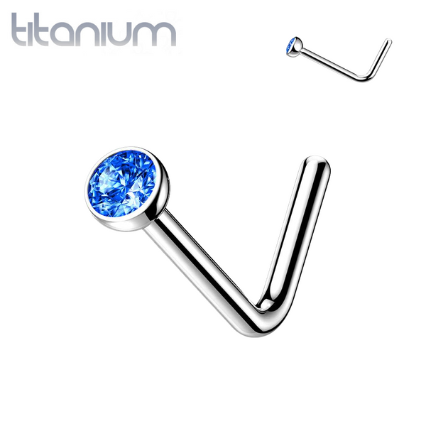 Implant Grade Titanium L-Shape Blue CZ Nose Ring Stud - Pierced Universe