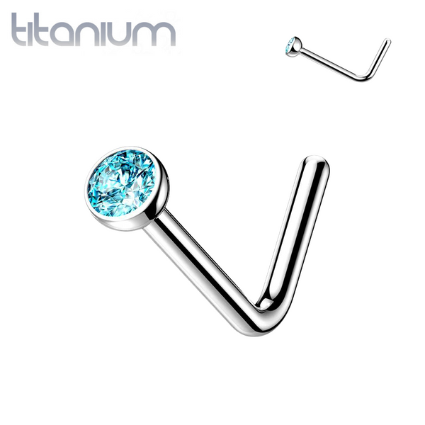 Implant Grade Titanium L-Shape Aqua CZ Nose Ring Stud - Pierced Universe