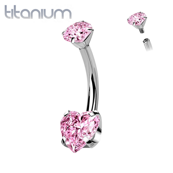 Implant Grade Titanium Internally Threaded Pink Heart CZ Belly Ring - Pierced Universe