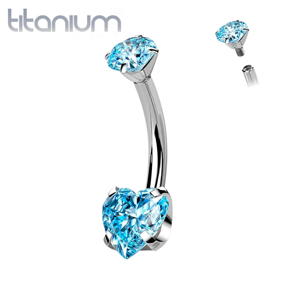 Implant Grade Titanium Internally Threaded Aqua Heart CZ Belly Ring - Pierced Universe