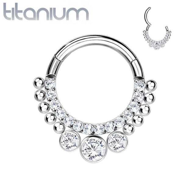 Implant Grade Titanium White CZ Beaded Hinged Septum Ring Hoop Clicker - Pierced Universe