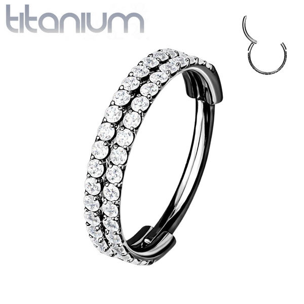 Implant Grade Titanium Black PVD Double Row White CZ Pave Hinged Clicker Hoop - Pierced Universe