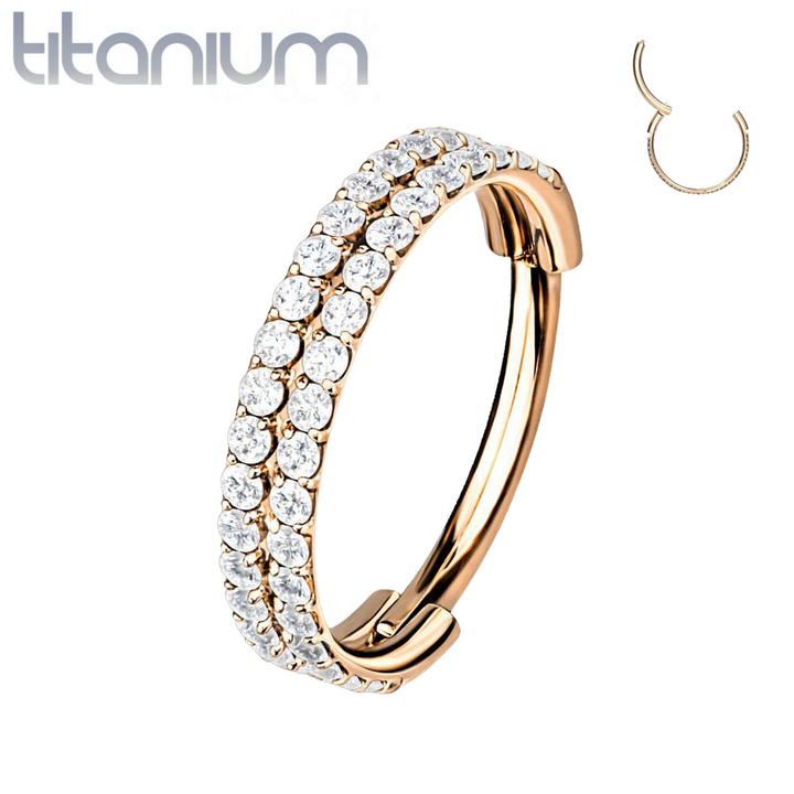Implant Grade Titanium Rose Gold PVD Double Row White CZ Pave Hinged Clicker Hoop - Pierced Universe