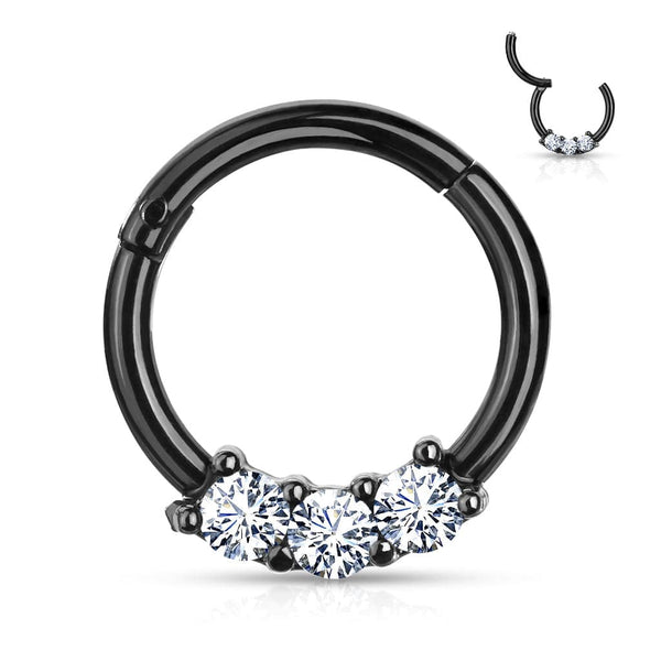 Black Surgical Steel 3 Gem White CZ Hinged Septum Ring Clicker - Pierced Universe